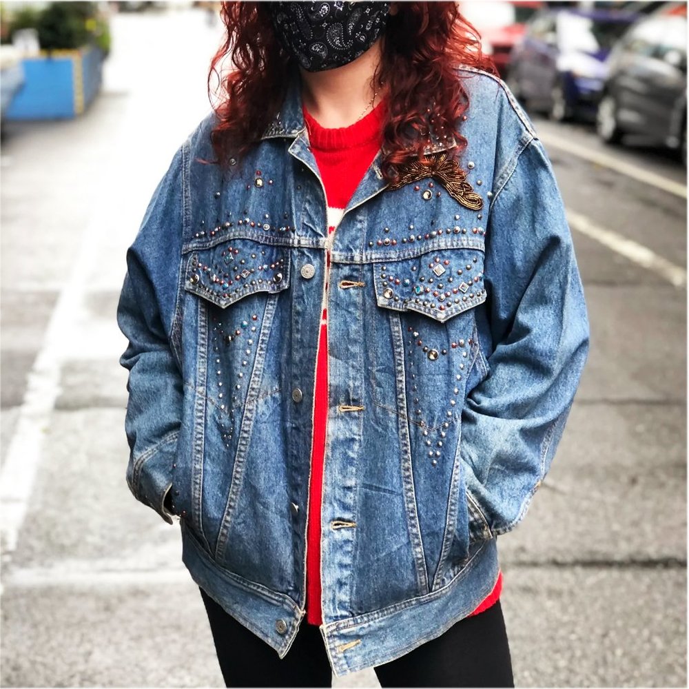 Studded Blue Denim Jean Jacket - Women's Oversized